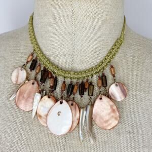 Green And Coral Macramé And Shell Necklace